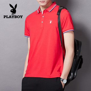 花花公子（PLAYBOY）2023春男士短袖翻领Polo衫半袖衣服男装打底衫潮流上衣服条纹T恤 红色 180/2XL