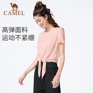 骆驼（CAMEL）瑜伽服女上衣夏季健身衣服宽松罩衫跑步运动短袖训练T恤薄款 Y23BA06384，阳光粉 S