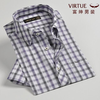 富绅夏装蓝色格子商务休闲衬衫 男式方领衬衣薄款 紫色格子C407S13M 40(170/92)