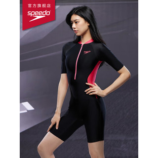 速比涛（Speedo）防晒抗氯修身显瘦短袖连体泳衣女 800325215477 黑色/粉色 40