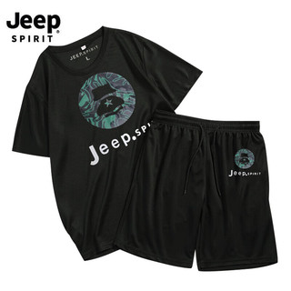JEEP吉普 运动套装男夏季潮流休闲透气短袖短裤两件套 BM2206蓝色XL