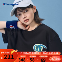 Champion冠军2023早春新款多彩绣花大C logo纯色圆领T恤短袖男女情侣款 黑色 XS