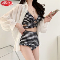 浪莎（LangSha）泳衣女性感高腰遮肚显瘦聚拢千鸟格分体比基尼白衬衫 高腰比基尼+白衬衫 L