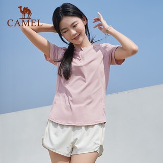 骆驼（CAMEL）运动短袖女网球服晨跑瑜伽服2023春夏款冰丝速干T恤女上衣 C23BABH393，山茶粉 XL