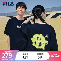 FILA 斐乐 官方短袖T恤情侣款2023夏季时尚宽松男女装圆领印花中性运动上衣 正黑色-BK 175/96A/L