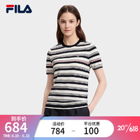 斐乐（FILA）官方女子编织衫2023夏新时尚休闲圆领短袖条纹编织上衣 传奇蓝-NV 175/92A/XL