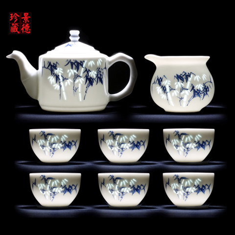 中国茶器 青花玲瓏 景德鎮（景德镇陶瓷泡茶盖碗釉下手绘青花玲珑
