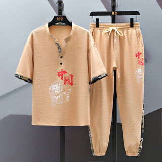 罗蒙夏季中国风运动套装冰丝短袖套装男短袖T恤速干衣