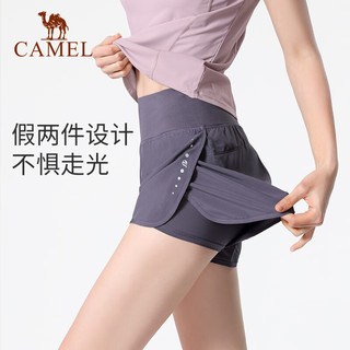 骆驼（CAMEL）瑜伽服套装女夏季薄款跑步服健身房运动服两件套健身衣服短袖 Y23BA40030，冰砂蓝/幻影黑 L