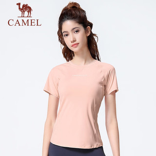 骆驼（CAMEL）瑜伽服女短袖夏季跑步衣服T恤训练运动服上衣透气健身服薄款 Y23BABV039，阳光粉 S