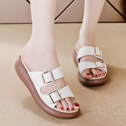 romon罗蒙女鞋夏季真皮厚底增高凉鞋拖鞋