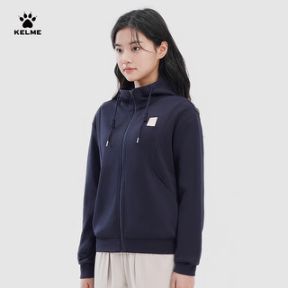 卡尔美（KELME）连帽针织外套女2023春季新款开衫宽松弹力运动服夹克 深夜蓝 3XL