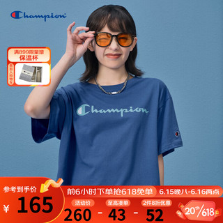 Champion冠军2023早春新款胶印草写LOGO圆领T恤短袖女 蓝色 M