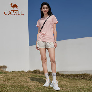 骆驼（CAMEL）骆驼运动套装两件套2023春夏宽松快干t恤跑步训练短裤短袖透气 M016，珠粉+奶白裤，女 S