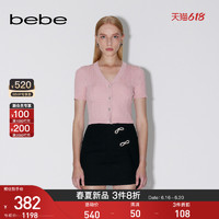bebe2023夏季新品女士短款V领修身通勤挑孔短袖针织开衫230606