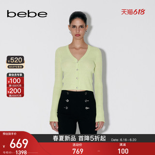 bebe2023夏季新品女士短款V领通勤金属扣长袖针织开衫230607