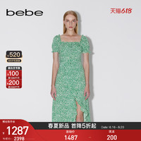 bebe2023夏季新品女中长款方领印花短袖连衣裙250016