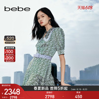 bebe2023春季新品女刺绣领泡泡袖印花连衣裙150013