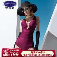 安莉芳（Embry Form）性感深V美背连体泳衣女士无袖褶皱修身显瘦度假泳装ES00181 紫红色FUS M