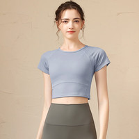 朵梵蓮（Duofanlian）运动上衣女夏短袖T恤速干健身服跑步感紧身瑜伽服 天蓝色 S
