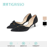 tigrisso 蹀愫 2023春新蝴蝶结黑色法式高跟鞋尖头皮鞋绒面单鞋女TA43127-11