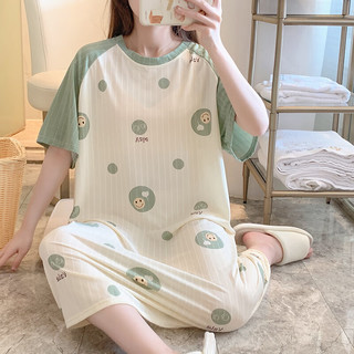 婧麒月子服夏季薄款产后孕妇睡衣女短袖喂奶家居裙产妇哺乳期睡裙 绿色_Jyz58212 3XL