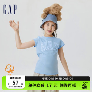 Gap女童夏季2023新款LOGO洋气纯棉短袖T恤622296儿童装印花上衣 天蓝色 110cm(XS)