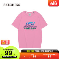 SKECHERS斯凯奇新款男女同款印花针织短袖L223U045 香囊粉红/004C L