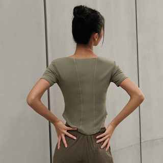 La Nikar设计感短袖瑜伽上衣女健身跑步训练修身显瘦V领运动T恤夏-S1092 幽竹绿 M