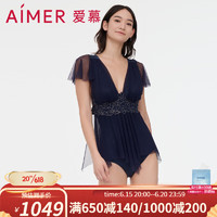 爱慕泳衣女性感柔软舒适奢享曼妙裙式V领连体泳衣AM688052 深蓝色89L 160