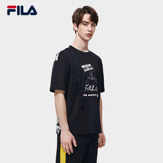 斐乐（FILA） x MIHARA斐乐男子短袖T恤2023春季新款时尚休闲拼接圆领上衣 正黑色-BK 175/96A/L