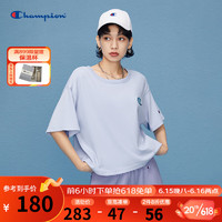 Champion冠军2023春夏新款多彩绣花小C logo纯色圆领T恤短袖女 蓝色 S