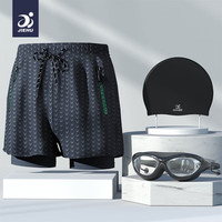 捷虎泳裤男士防尴尬速干宽松平角沙滩裤温泉泳镜泳帽三件套黑色L