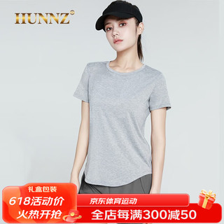 HUNNZ品牌网球服女套装宽松大码速干健身服2023夏季新款短袖羽毛球服女 浅花灰+灰色 S