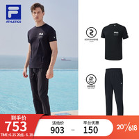 斐乐（FILA）FILA 斐乐男子运动套装2023夏季新款运动短袖长裤套装 深黑-BK L