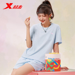 特步（XTEP）夏季短袖针织衫女运动T恤上衣877228010047 浅天蓝 3XL