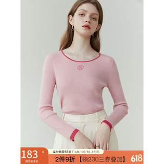 范思蓝恩 23FS11187圆领毛针织衫女2023春装新款套头坑条修身上衣 粉色 XS