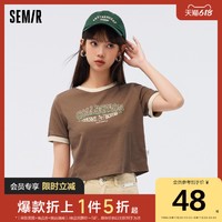 Semir 森马 短袖T恤女纯棉做旧印花美式复古上衣2023夏新款撞色衣服小众