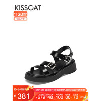 KISSCAT接吻猫女鞋夏季舒适户外凉鞋一字带厚底休闲沙滩鞋女KA43341-50 黑色 34