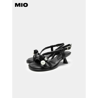MIO米奥2023夏季韩版女鞋中跟舒软透气凉鞋珍珠闪钻玫瑰时装凉鞋 黑色 36