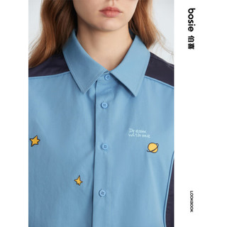 bosie2023年夏季新款短袖衬衫撞色印花衬衣潮流男装情侣装 蓝色 M