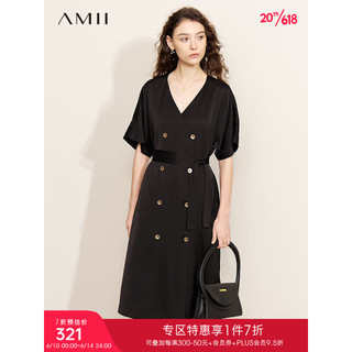 AMII2023夏极简轻奢缎面V领双排扣微弹中长配腰带连衣裙女 黑色 170/92A/XL