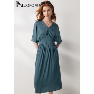 帕罗（PALUOPO）重磅桑蚕丝23夏季V领收腰显瘦气质纯色连衣裙 孔雀蓝 M(160/84A)