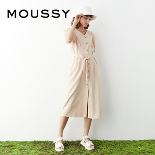 moussy 2023夏季新款纯色泡泡袖系带V领休闲连衣裙028GSZ30-0390 071浅米色 00001/S
