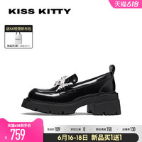 Kiss Kitty KISSKITTY厚底乐福鞋女2023新款秋季一脚蹬女鞋蝴蝶结黑色小皮鞋