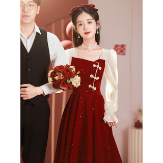 塞德勒（SAIDELE）敬酒服2023新款新娘小个子平时可穿新中式订婚连衣裙回门晚礼服女 酒红色B款 XL (建议116-125斤)
