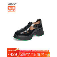 KISSCAT接吻猫女鞋2023夏季新款镂空洞洞鞋圆头厚底罗马凉鞋女KA43143-50 黑色 34