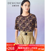 迪赛尼斯（DESIGNICE）商场同款满版印花上衣2023夏季新款圆领薄款短袖针织衫女 咖色 S