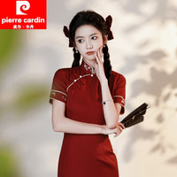 皮尔卡丹中长款红色改良旗袍晨袍新款2023年轻款少女国潮中国风考新中式 酒红色(简纹花绣) L