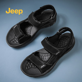 Jeep（吉普）凉鞋男夏季新品便捷搭扣沙滩鞋男软底凉拖鞋舒适溯溪鞋男 黑色(皮鞋码) 43